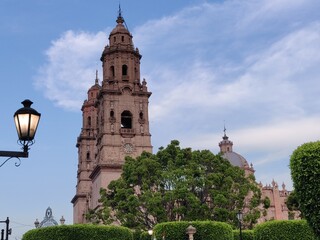 Sunny day at the Cathedral of Morelia religious site in Mexico