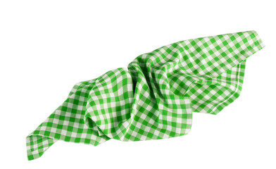 Green checkered crumpled tablecloth, gingham napkin. Picnic cloth,kitchen towel.