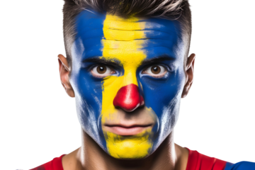 man soccer fun portrait with painted face of romanian national flag isolated on transparent background