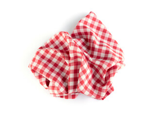 Red checkered crumpled tablecloth, gingham napkin. Picnic cloth,kitchen towel.Household element.