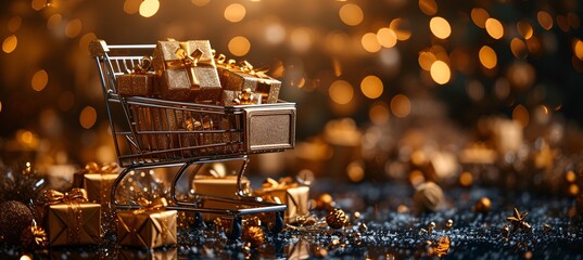 Golden Gift Basket with Gold Foil and Glittering Gold Balls Generative AI