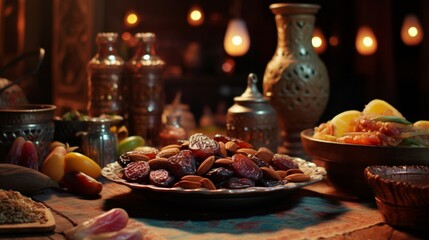 Obraz na płótnie Canvas Journey through the textures and colors of traditional Arabic food, specifically showcasing the importance of dates and almonds during the month of Ramadan.