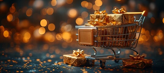 Golden Gift Basket with Golden Presents and Gold Glitter Background Generative AI