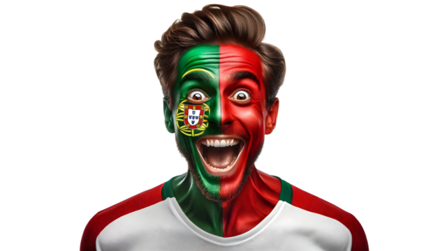 man soccer fun portrait with painted face of portugal  national flag isolated on transparent background - Powered by Adobe