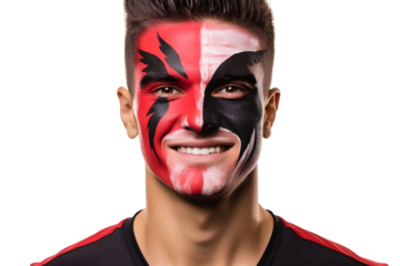 man soccer fun portrait with painted face of albanian national flag isolated on transparent background