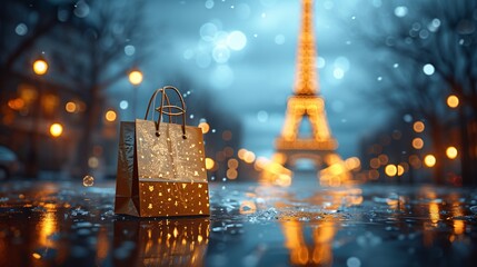 Fashionable E-Commerce: A Glowing Shopping Bag in the Rain Generative AI