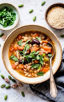 a plate of winter Tuscan bean soup with whole grains. traditional italian cuisine