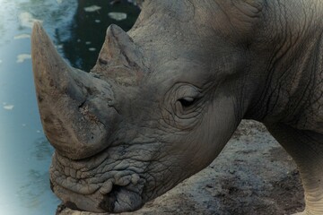 Obraz premium African Rhinoceros in its enclosure, looking out into its surroundings, Ceratotherium simum