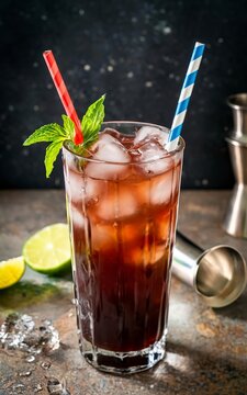 Coca Coke cocktail in a tall glass cuba libre. refreshing summer drink