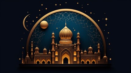 Radiant Ramadan Kareem lettering adorning the night sky, accompanied by an inviting mosque entrance and crescent moon.