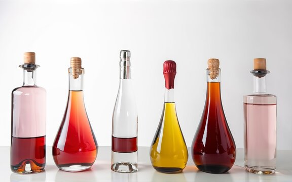 different bottles with alcohol on a white background white, red, prosecco, pink, red, sherry. advertising