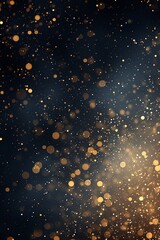 an abstract gold sparkles and sparks night sky background, in the style of dark navy and light beige, dark gray and dark azure, dotted, detailed, festive atmosphere.