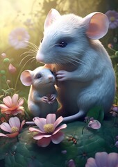 AI generated illustration of a cartoon mother mouse and her baby mouse surrounded by flowers