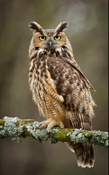 Eagle owl perching on branch staring fiercely
