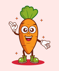 Vector illustration of retro cartoon carrot character with funny face, perfect for, t-shirts, stickers, posters, logos, business products, etc