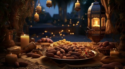 Fototapeta na wymiar Rediscover the traditions of Ramadan with the timeless charm of dates and almonds, a symbol of unity and generosity.