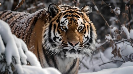 AI-generated illustration of a beautiful tiger stands in a winter wonderland.