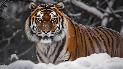 Fototapeta na wymiar AI-generated illustration of a majestic tiger during snowfall.