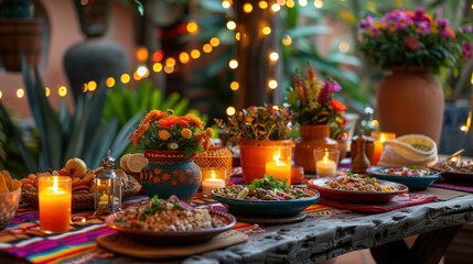 Obraz na płótnie Canvas An inviting table arrangement for a festive feast, highlighting Mexican specialties like pozole and tamales, under the sparkle of twinkling lights, for a vibrant celebration.