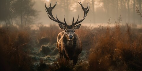 AI-generated illustration of a majestic deer in a forest covered in fog