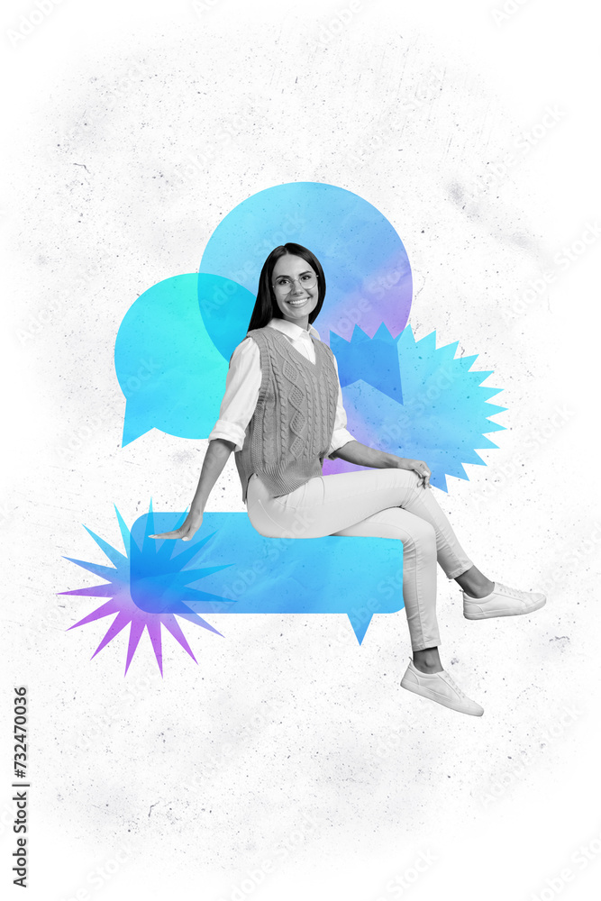 Poster creative retro 3d magazine collage image of happy smiling worker communicating messages isolated whi