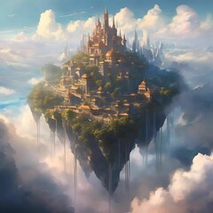 a floating castle surrounded by clouds on top of a mountain