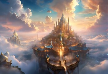 a fantasy castle on a hill surrounded by clouds and lights - obrazy, fototapety, plakaty