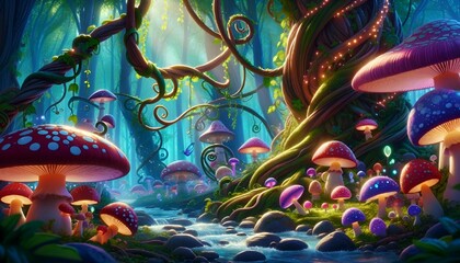 Enchanted Forest Wonderland with Luminous Mushrooms and Stream