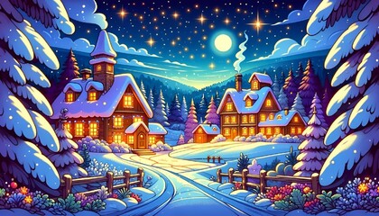 Enchanted Winter Village at Night with Sparkling Stars