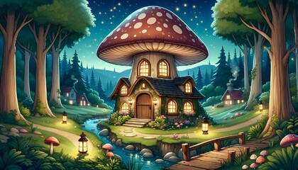 Obraz premium Enchanting Mushroom Cottage in a Magical Forest Clearing