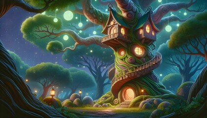 Obraz premium Enchanted Treehouse Abode Amidst a Mystical Glowing Forest