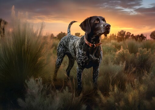 AI generated illustration of an adorable brown and black German Shorthaired Pointer in the field