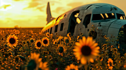 Old passenger plane in a field of sunflowers. - obrazy, fototapety, plakaty