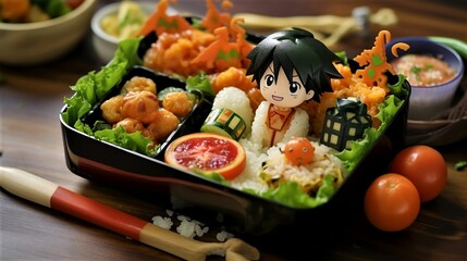 AI generated illustration of a bento box with Asian food