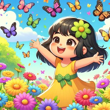 Joyful Young Girl Playing with Butterflies in a Colorful Garden