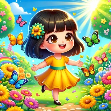 Joyful Girl with Butterflies in a Vibrant Garden