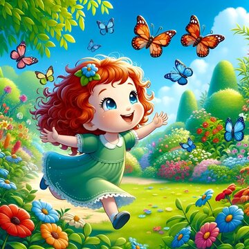 Joyful Girl Chasing Butterflies in a Lush Garden