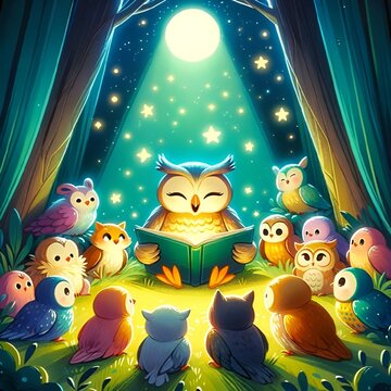 AI-generated image of a whimsical cartoon owl reading a book to an enchanted forest audience