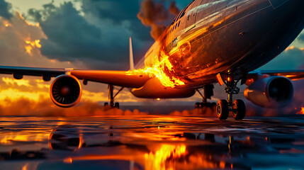 A fire on a passenger airliner. - obrazy, fototapety, plakaty
