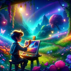 Enchanted Meadow: A Young Artist's Magical Canvas. AI-generated