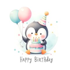 Charming Penguin Celebrates with Cake - Whimsical Watercolor Artwork. AI-generated