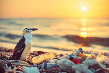 A bird standing amidst litter on a beach at sunset, highlighting an environmental issue.