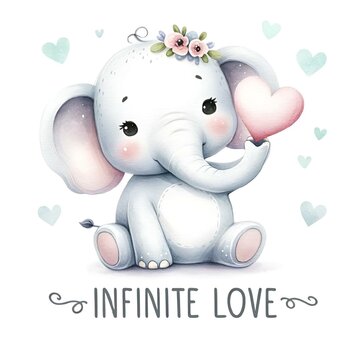 Charming Watercolor Elephant Embracing a Heart for Nursery Decor. AI-generated