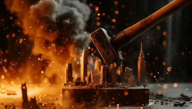 The blacksmith's hammer smashes the iron model of the city into flames.