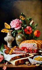 Naklejka na ściany i meble still life with flowers ,vintage still-life flowers butterflies ham meat bread 17th century style