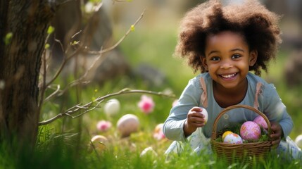 Happy Easter. the black, African American child is looking for painted eggs in the grass on a sunny day. happy childhood