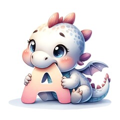 Adorable Baby Dragon Playfully Biting the Alphabet Letter 'A'  -  AI generated digital art