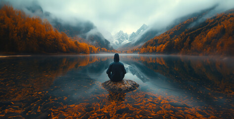 reflection in the water, person sitting in the forest, yoga in the forest, yoga in the park