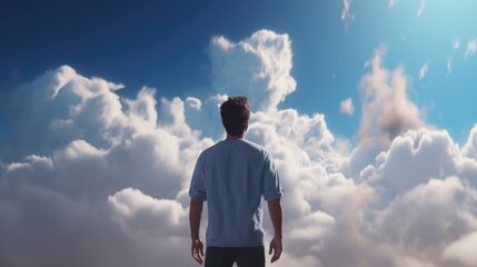 young man on the clouds. the guy died and went to heaven and smiles. man looks at the sky. life after death - obrazy, fototapety, plakaty