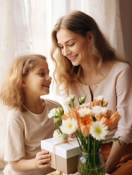 mother's day, women's day or birthday. Daughter congratulates mother with holiday and gives bouquet of flowers. March 8